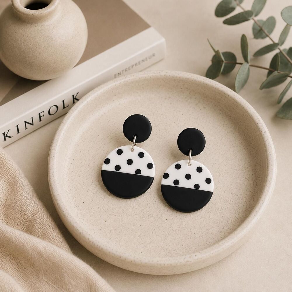 Black White Polka Dot Earrings, Polymer Clay Dangles, Minimalist Handmade Gift